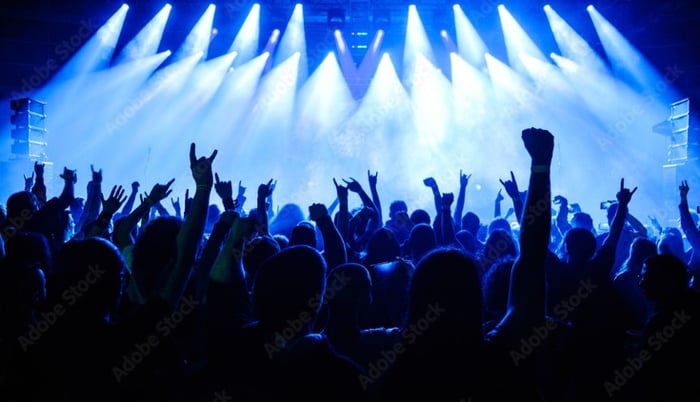 Crowd of concert attendees who listen to rock music including those who listen to rock music on the radio