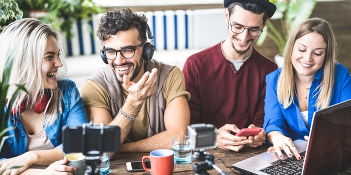 content marketers laughing and talking
